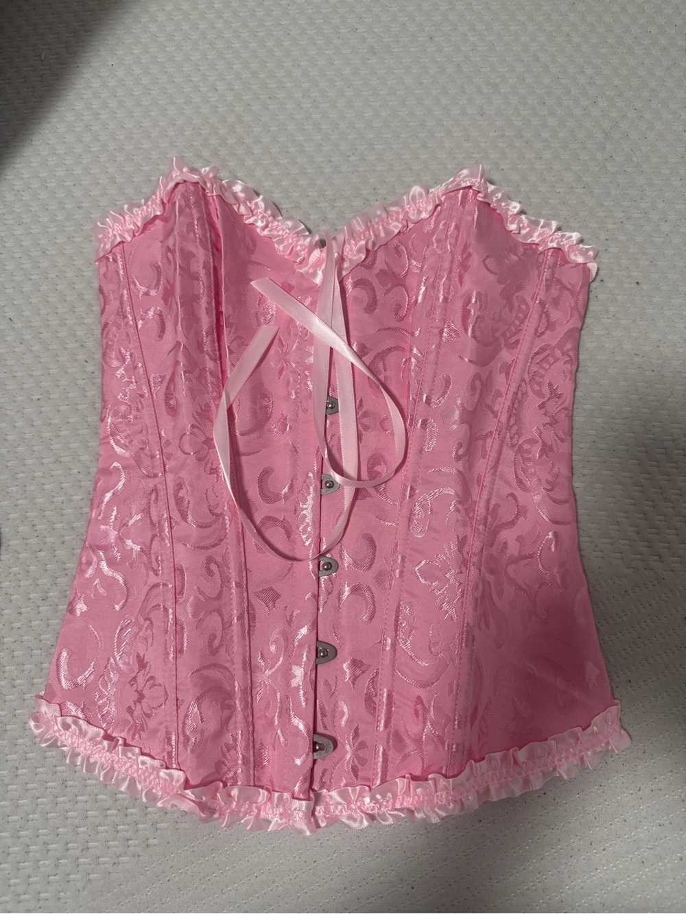 Amazon Pink Satin Brocade Corset Top with Ruffle Trim